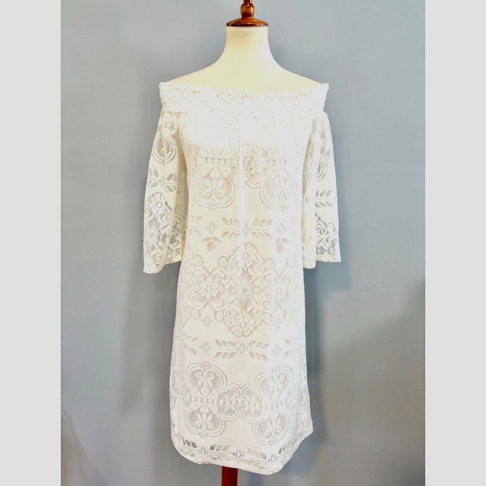 White Lace Off the Shoulder Eyelet Boho Mini Wedding Shower Dress, Size M